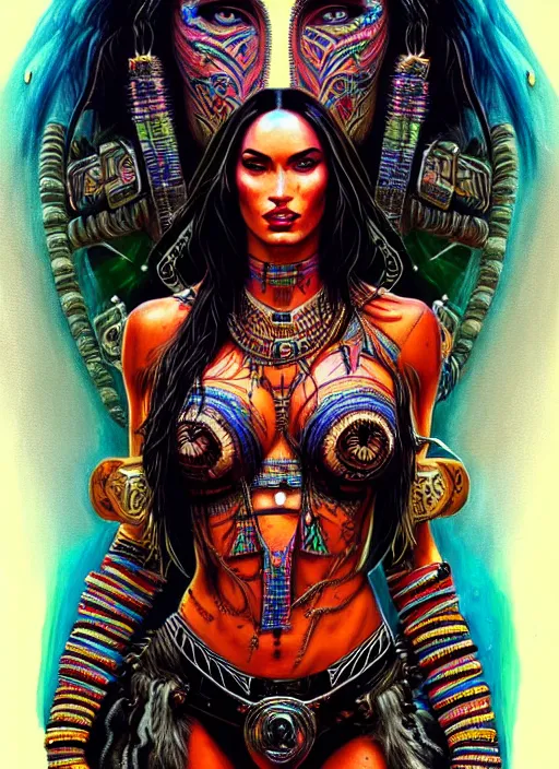 Image similar to portrait of megan fox, hyper detailed ultra sharp aztec shaman warrior. trending on artstation, warpaint aesthetic, bloodwave, colorful, psychedelic, ornate, intricate, digital painting, concept art, smooth, sharp focus, illustration, art by artgerm and greg rutkowski and h. r. giger, 8 k