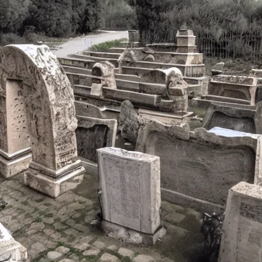 Image similar to Filmed photo of Rome necropolis, with satanic sculls