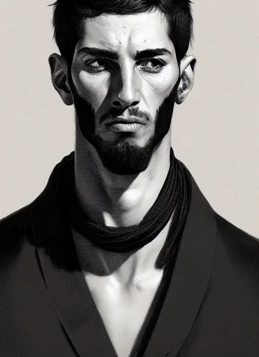 Image similar to portrait of a man with a roman nose and a confident expression, 1 9 6 0 s, black clothes, punk, funk, intricate, elegant, highly detailed, digital painting, artstation, concept art, smooth, sharp focus, illustration, art by wlop, mars ravelo and greg rutkowski