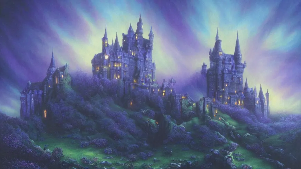 Image similar to beautiful airbrush matte painting of a castle made of light inspired by gilbert williams. clean painting and auora lighting. dark blue and intense purple color palette, art by gilbert williams