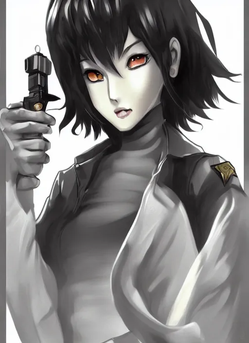 Image similar to manga, bw color, full size persona, female sheriff, detail, ultra sharpness, beautiful female, detailed face, art by huyy nguyen, style by cain kuga, cowboy bebop art style, stroke line