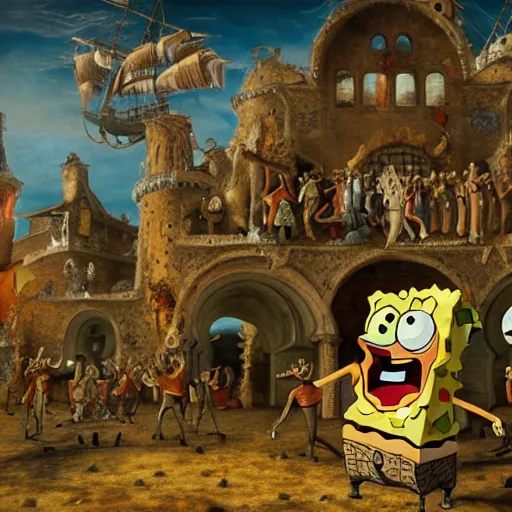 Image similar to spongebob squarepants in dante's inferno with trumpeters and demons, intricate detail, hieronymous bosch, whealan, hd, unreal engine