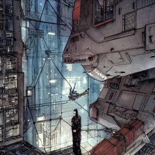 Image similar to Ghost in the machine by Enki Bilal, cyberpunk, impressive perspective, masterpiece