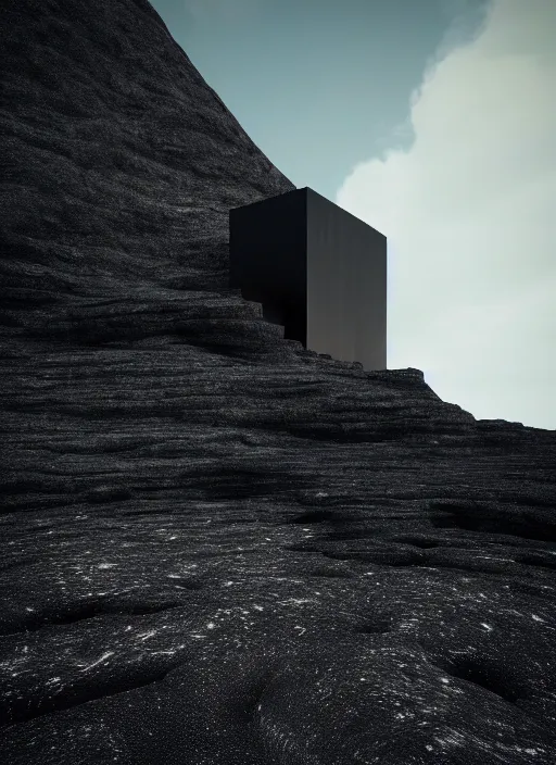 Prompt: tall black geometric house embedded in tall a lava cliff, full view, black house, molten metal house, minimal, rippled white landscape, dwarven architecture, light from molten iron, octane render, hyper realistic, 8 k, octane render