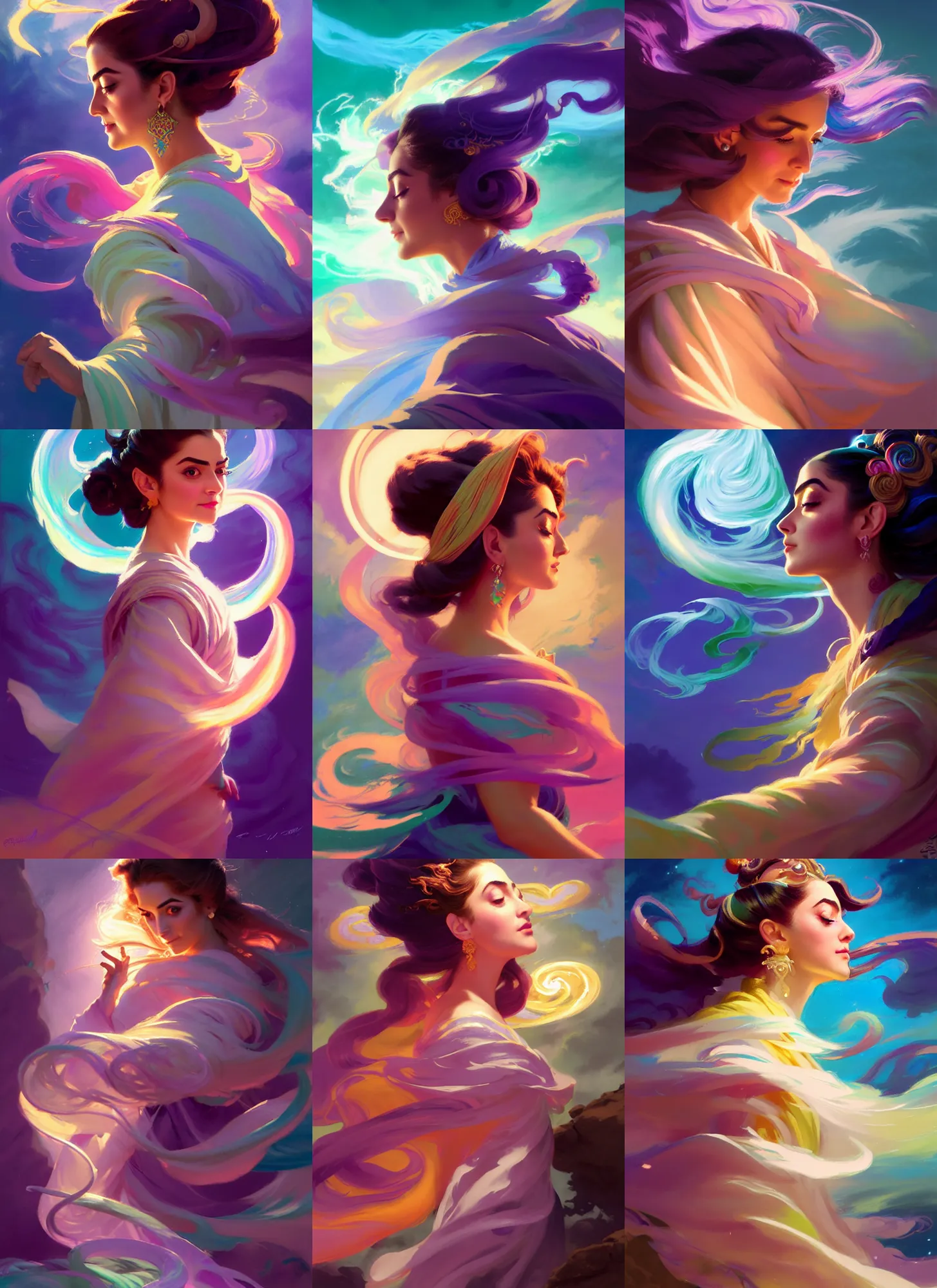 Prompt: side portrait, maya ali, wind sorcerer, fantasy robe, gloomhaven, luminescent, colorful swirly magic ripples, pastel colors, by greg manchess, huang guangjian, gil elvgren, sachin teng, greg rutkowski, jesper ejsing, ilya kuvshinov