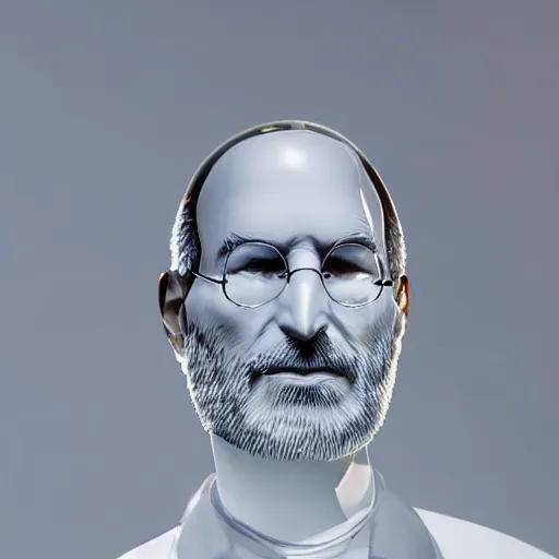 Prompt: a transparent crystal glass statue of a Steve Jobs head with wings on her back, studio photography, detailed, in focus