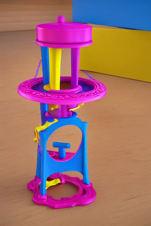 Image similar to product photo of life sized toy guillotine made by fisher price, colorful plastic, high quality, intricate detail, realistic textures, octane render, unreal engine 5, hyperrealism