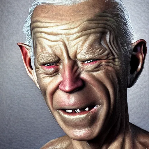 Image similar to hyperrealistic mixed media high resolution painting of Joe Biden disguised as Gollum skulking in a dark cave, stunning 3d render inspired art by Jamie Salmon and István Sándorfi and Unreal Engine and Greg Rutkowski, perfect facial symmetry, realistic flesh, dim volumetric lighting, 8k octane beautifully detailed render, full body shot, post-processing, extremely hyper-detailed, intricate, epic composition, highly detailed attributes, highly detailed atmosphere, cinematic lighting, masterpiece, trending on artstation, very very detailed, masterpiece, stunning, flawless completion, lifelike texture, perfection,