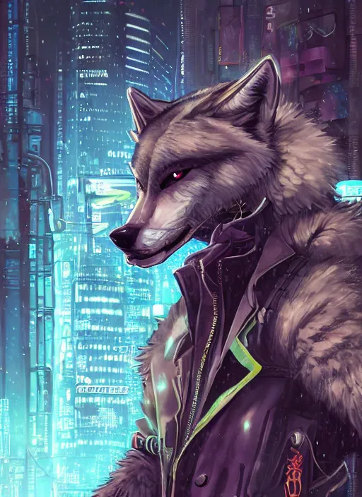 Prompt: character portrait of a male muscular anthro wolf fursona with a tail and a cute beautiful attractive detailed furry face wearing stylish cyberpunk clothes in a cyberpunk city at night while it rains. hidari, color page, tankoban, 4K, tone mapping, Akihiko Yoshida. Nomax, Kenket, Rukis.