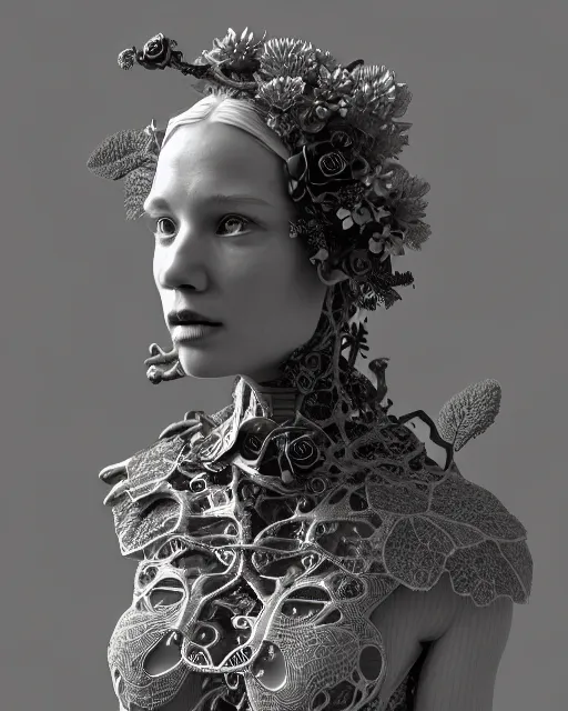 Prompt: monochrome 3 d model, 1 8 7 0 picture, silver lace floral steampunk biomechanical beautiful young female cyborg with porcelain profile face and a techno eye, volumetric light, leaves foliage and stems, hibiscus flowers, sinuous fine roots, fine foliage lace, alexander mcqueen, rim light, big gothic fashion pearl embroidered collar, octane render, 8 k