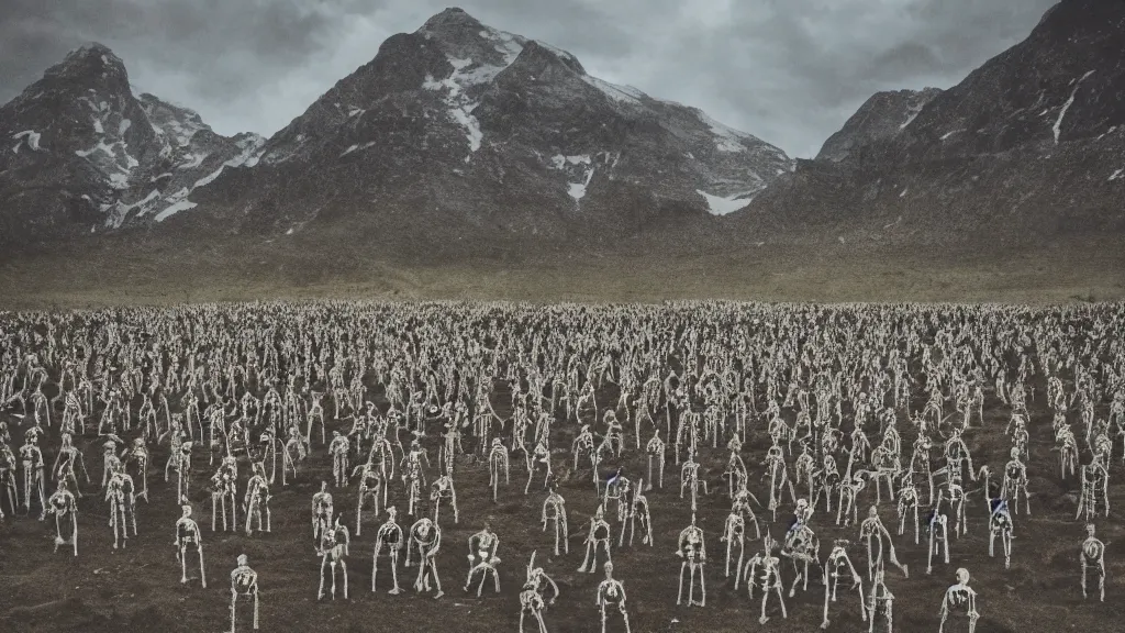 Prompt: army of skeletons In front of a mountain, cinematic,