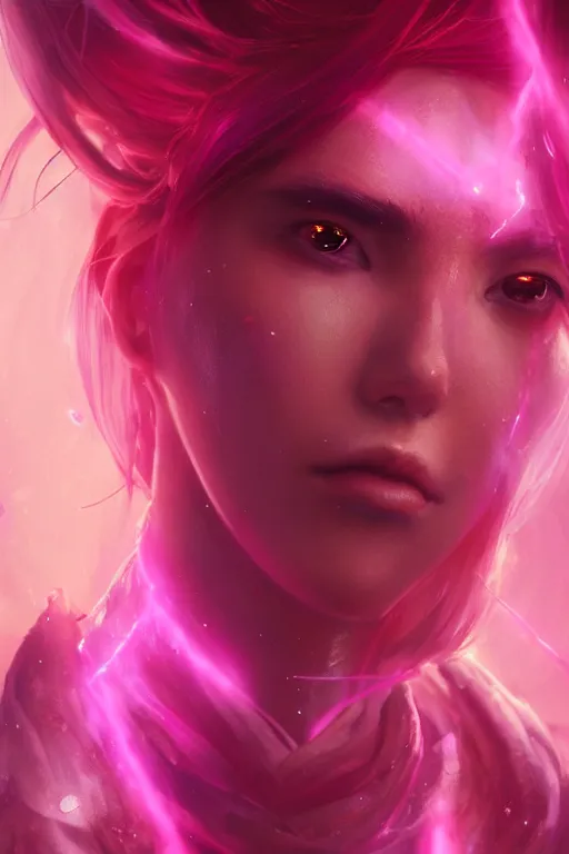 Image similar to a fancy close up portrait of a beautiful light mage covered in deep pink aura by Greg Rutkowski, Sung Choi, Mitchell Mohrhauser, Maciej Kuciara, Johnson Ting, Maxim Verehin, Peter Konig, final fantasy , mythical, 8k photorealistic, cinematic lighting, HD, high details, atmospheric,