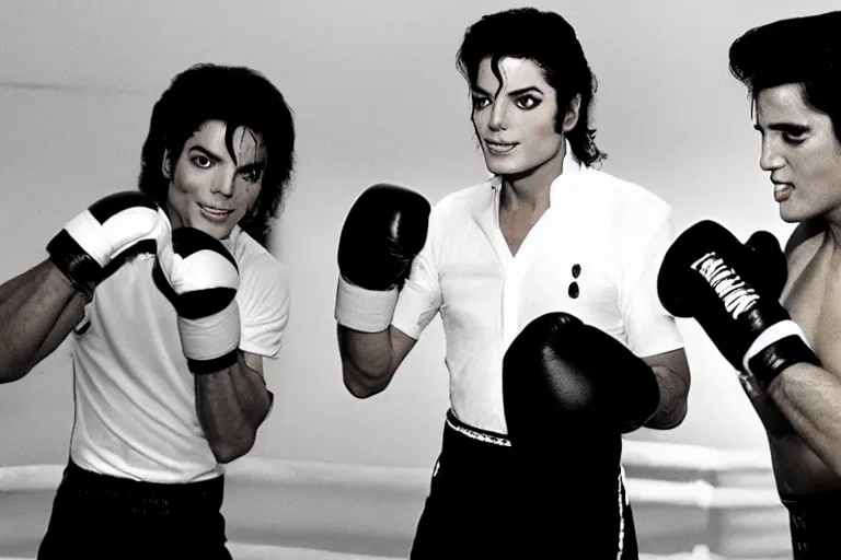 Image similar to michael jackson and elvis presley in the boxing ring