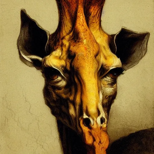 Prompt: dracula as a giraffe, painted by rembrandt