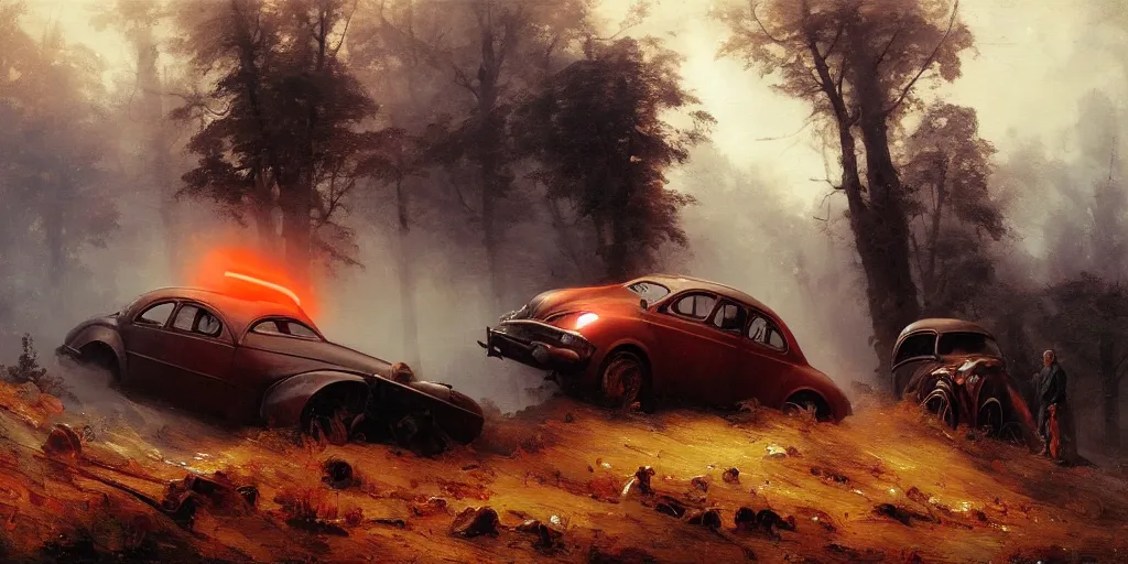 Prompt: a crashed car on a mountain road in 1 9 4 0 with red light on, sunny day, a men stand up next to the car, mystical orange fog, oil on canvas, art by andreas achenbach, clemens ascher, tom bagshaw and sabbas apterus,