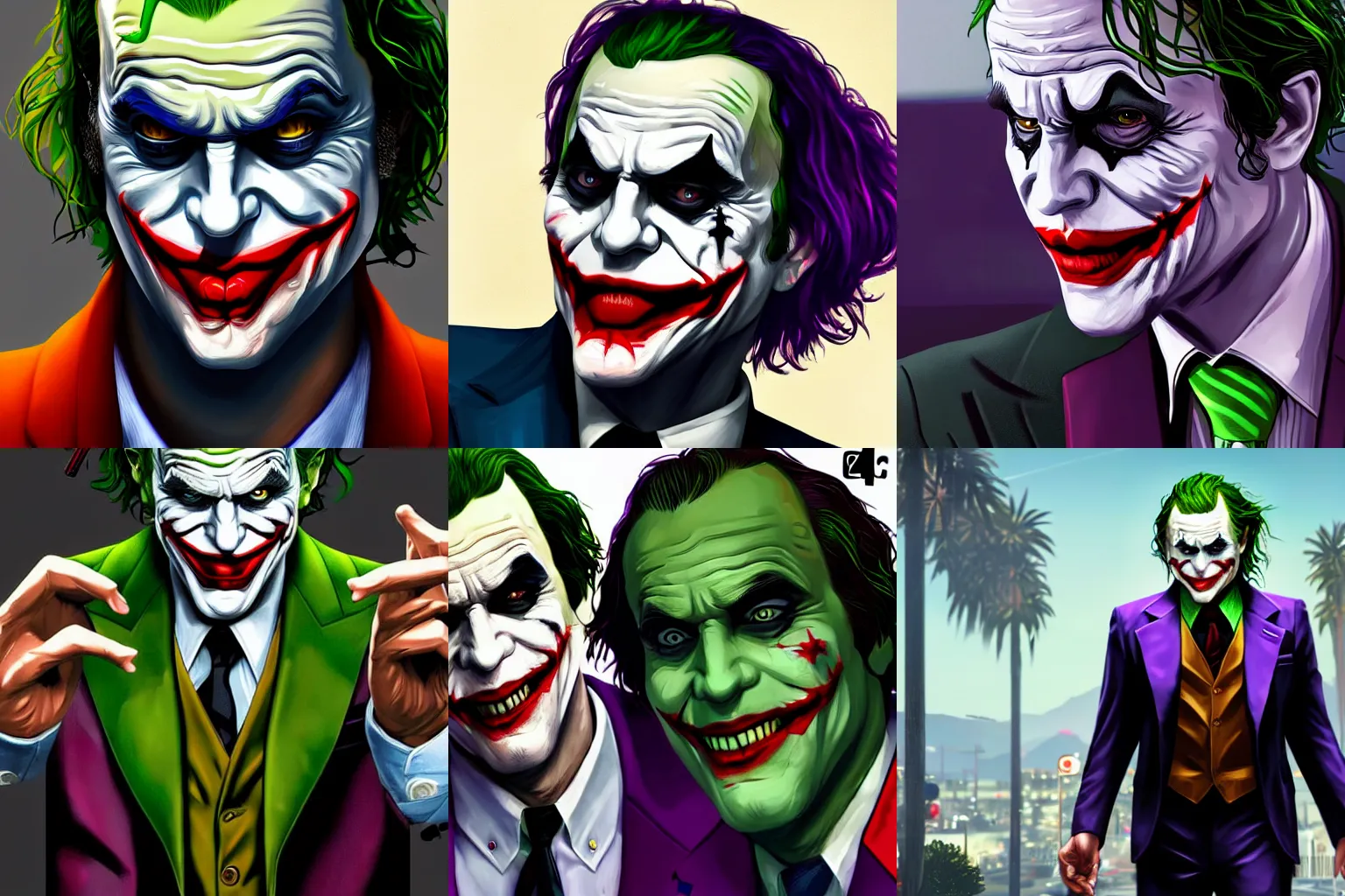 Prompt: The Joker in Grand Theft Auto 5 covert art, epic, 4k resolution, extremely detailed, very sharp, artstation, digital art, vibrant,