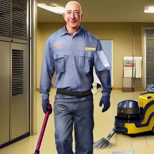 Image similar to 8k hyper realistic HDR photo of janitor with Jeff Bezos face