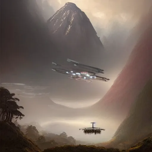 Prompt: An incredible matte painting about an artless painting of a giant autonomous spaceship landing in a misty rainforest, surrounded by mountains and clouds. Featured on artstation The machine in the temple, aztec jade, reflective