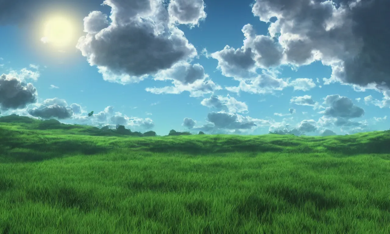 Prompt: green grassfield on a planet, cinematic perspective, blue earth-like planet in the clouds above, daylight, blue sky, detailed, 4k, Artstation