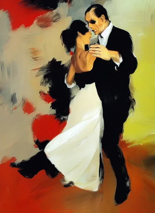 Image similar to tango dancerin in white dress, painting by phil hale, fransico goya,'action lines '!!!, graphic style, visible brushstrokes, motion blur, blurry, visible paint texture, crisp hd image