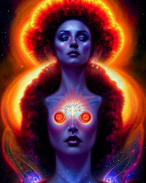 Prompt: beautiful realistic incendiary full front pose portrait of a sensual young sun goddess of the fractal stars, intricate halo of crystals, flame tips, plasma swirls, nebulas, solar flares, stardust, art by kilian eng, artgerm, greg rutkowski and h. r. giger, gothic, neo - gothic, ornamental, beautiful vivid colors