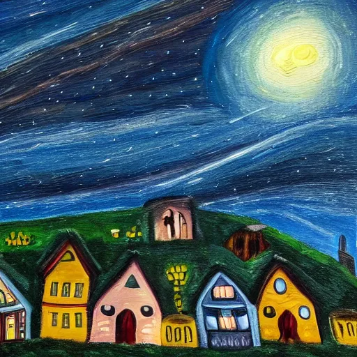 Image similar to a painting of a small village with crooked wooden houses designed by Tim Burton, the village is on a hill, the sky is dark with stars shining through, 4K,