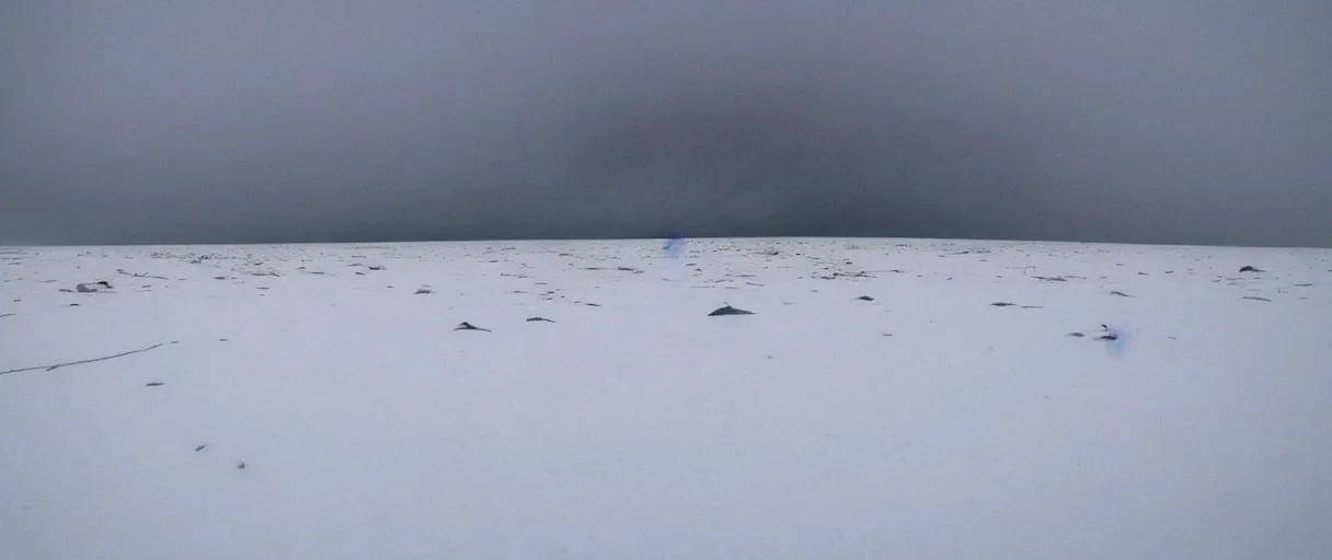 Prompt: a high quality color creepy atmospheric extreme wide angle shot hd 4 k film 3 5 mm photograph of very heavy snow storm a total white out blizzard in a desolate antarctica landscape