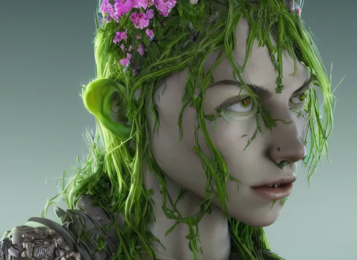 Image similar to Fantasy Alrune androgynous plant humanoid with flowers in hair green goponga flower plant body plant by Larry Elmore and Ilya Kushvikov, hulk green skin, symmetrical face concept art, octane render unreal engine meta humans, artstation