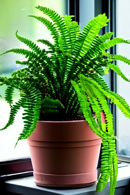 Image similar to an unknown exotic succulent fern shrubbery, a strange and weird potted plant is in a windowsill