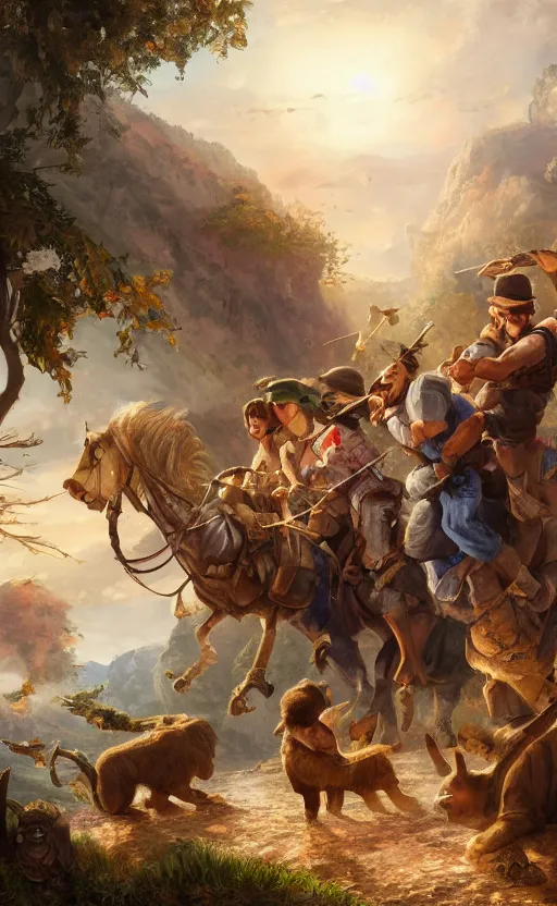 Image similar to an engaging painting that tells a story. the painting depicts a group of friends going on an adventure together. the story is told through the expressions and actions of the characters in the painting. high quality. cinematic composition, ultrawide shot, photorealistic. hq. hd. 4 k. award winning. trending on artstation