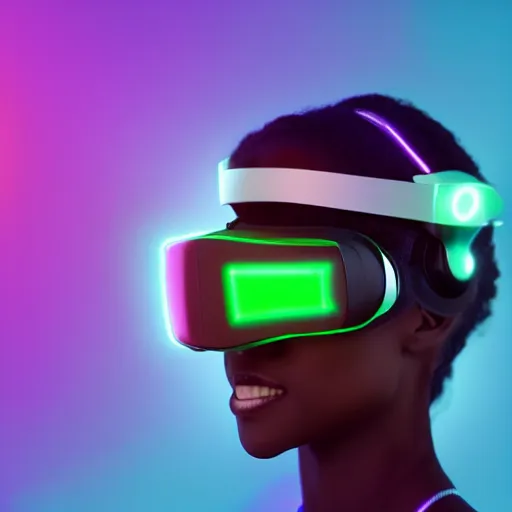 Image similar to dark skinned woman wearing futuristic vr headset neon lights ambient light unity game ultra - realistic