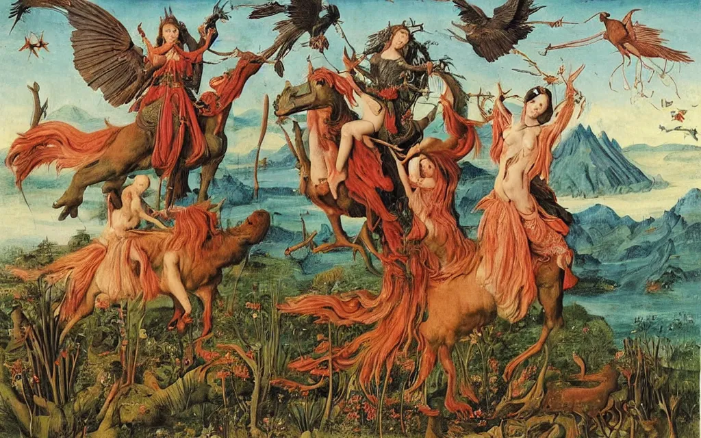 Image similar to a portrait photograph of a meditating harpy and a centaur king riding eagles and hunting at a river delta. surrounded by bulbous flowers and trees. mountain range under a blue sky of fiery stars. by jan van eyck, max ernst, ernst haeckel, ernst fuchs and artgerm, artstation, daily deviation, 8 k