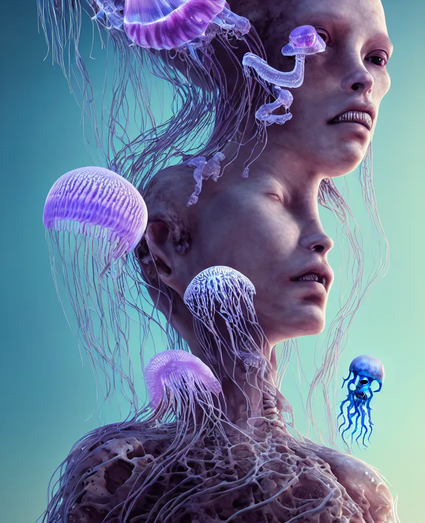 Image similar to goddess close - up portrait human skeleton, ram skull, jellyfish, orchid, betta fish, bioluminiscent, intricate artwork by tooth wu and wlop and beeple. octane render, trending on artstation, greg rutkowski very coherent symmetrical artwork. cinematic, hyper realism, high detail, octane render, 8 k