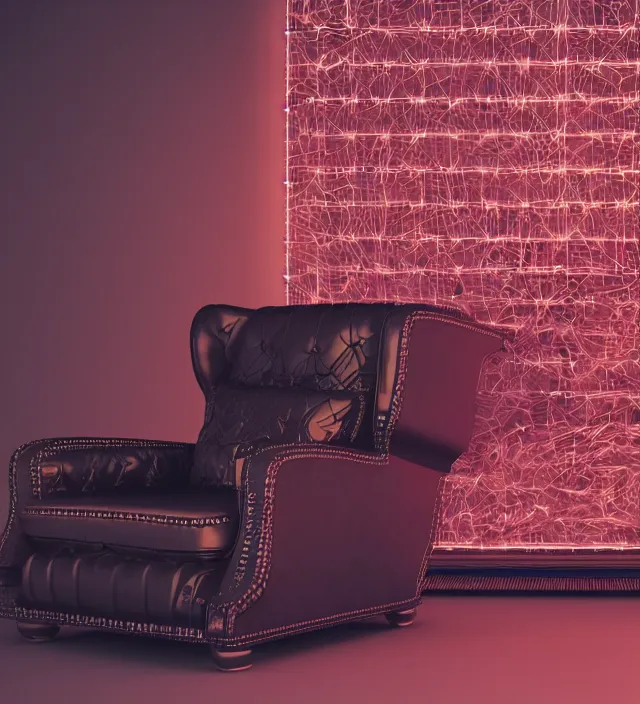 Prompt: a comfortable leather armchair made from gpus, intricate details, neon lights, black background, octane render