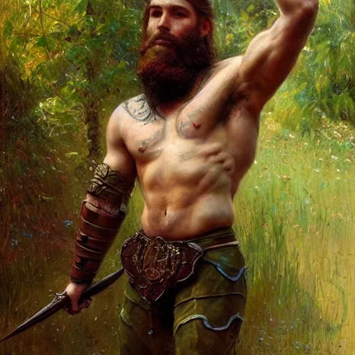 Image similar to young warrior by a river, playful, male, muscular, green eyes!!!!, straight nose!!!!!, beard, detailed face, thighs!!!!! gorgeous, amazing, muscular, intricate, highly detailed, painting by Gaston Bussiere, Craig Mullins