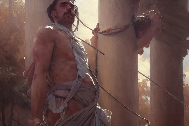 Image similar to a man tied to a pillar, highly detailed, hyperrealistic digital painting, artstation, concept art, smooth, sharp focus, illustration, cinematic lighting, art by artgerm and greg rutkowski and alphonse mucha