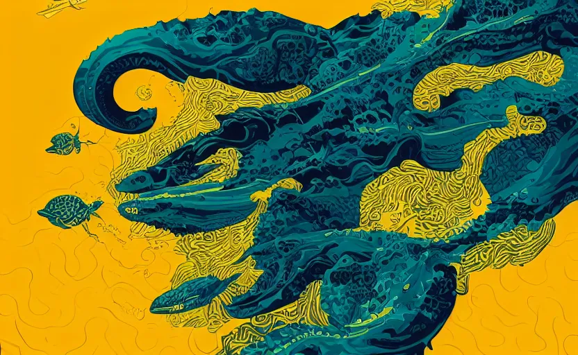 Image similar to dark ocean, complex patterns, yellow, artstation, intricate, realistic, highly detailed, digital painting, concept art, sharp focus, illustration by tom whalen and charles williams and kilian eng and james jean