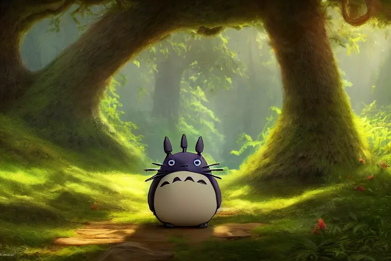 Image similar to Totoro sitting in a forest, fantasy, pixar, animated movie, high detail, god rays, Trending on artstation, artstationHD, artstationHQ