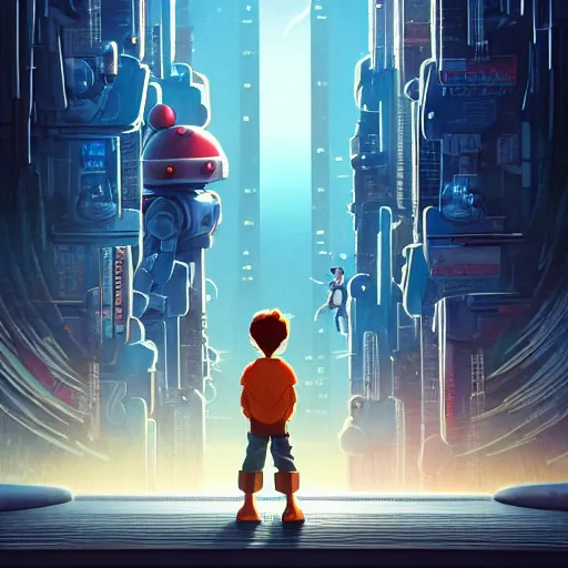 Prompt: film poster, novel cover art for a book, an adventurous boy and his small robot friend, futuristic city backgrond, eleborate composition with foreground and background, depth of field, fantasy illustration by tomoyuki yamasaki, kyoto studio, don bluth, madhouse, ufotable, square enix, cinematic lighting, trending on artstation