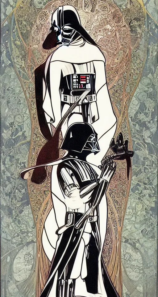 Prompt: Darth Vader , art nouveau by Alphonse Mucha