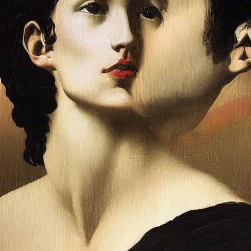 Image similar to by ron garney renaissance painting straight, lavish. a beautiful computer art of a person in profile, with their features appearing both in front of & behind their head.