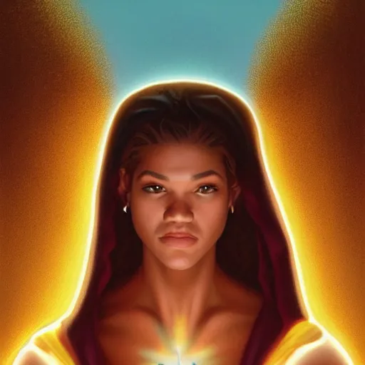 Image similar to a painting of Zendaya as the Messiah by Ross Tran, Bruce Timm and Vladimir Kush, highly detailed digital art, holy aura, serene expression