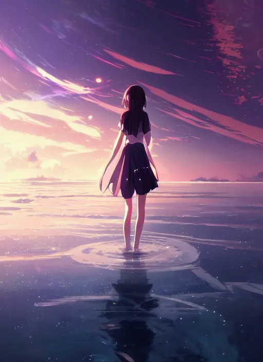Image similar to anime girl walking on water, ripples, reflections in water, backdrop of dawn, saturn in the background, illustration, concept art, anime, key visual, trending pixiv fanbox by wlop and greg rutkowski and makoto shinkai and studio ghibli