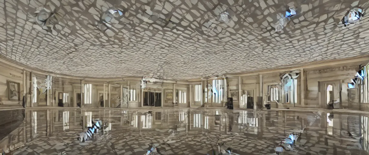 Prompt: interior of a hallroom of museum with amazing ambient and 3 d layered ceiling with reflection in floors