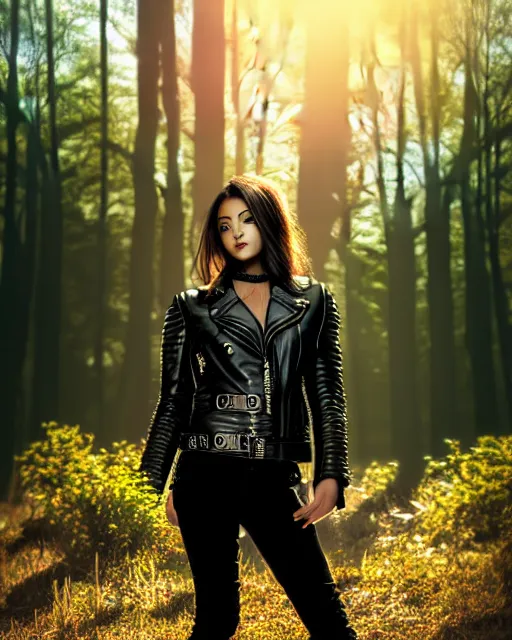 Prompt: hyperrealistic mithra young girl intricate black flat boots and leather jacket in a forest sun behind her concept art eric zener elson peter cinematic blue light low angle hd 8k sharp shallow depth of field