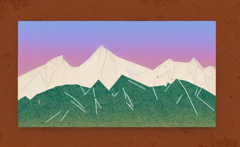 Prompt: one single stand alone huge hyperdetailed minimalist mountain, seen from the long distance. maximalist unexpected elements. free sky in plain natural warm tones. 8 x 1 6 k hd mixed media 3 d collage in the style of a childrenbook illustration in pastel tones. matte matte background. no frame hd