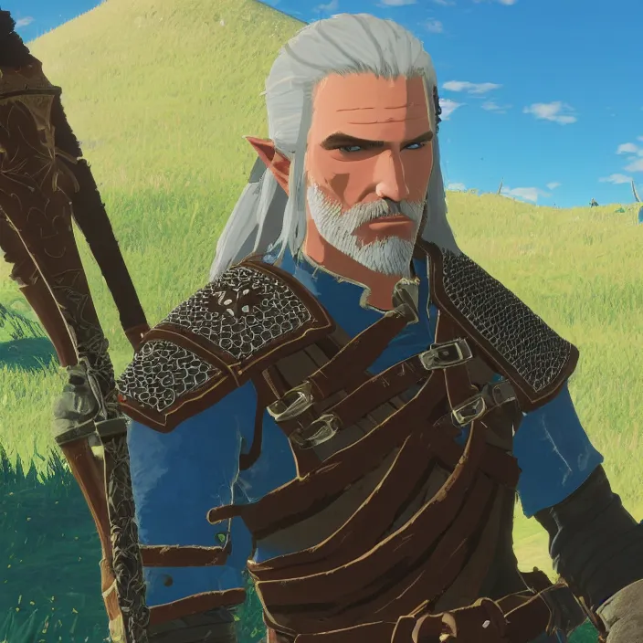 Image similar to Geralt of Rivia in The Legend of Zelda Breath of the Wild, detailed screenshot
