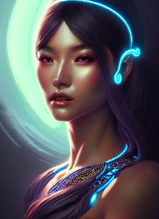 Image similar to portrait of oriental female humanoid, very intricate details, elegant, cyber neon lights, highly detailed, digital illustration, trending in artstation, trending in pinterest, glamor pose, concept art, smooth, sharp focus, art by artgerm and greg rutkowski