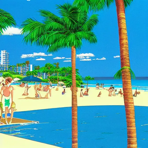 Image similar to a beautiful painting of a sunny day at a large beach filled with lush plants and palm trees by hiroshi nagai and hirohiko araki, detailed line art, vaporwave color scheme