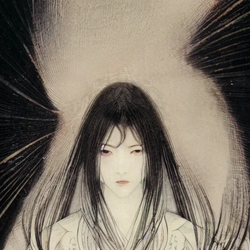 Image similar to yoshitaka amano blurred and dreamy illustration of a japanese woman with black eyes, wavy white hair fluttering in the wind wearing elden ring armor with engraving, abstract patterns in the background, noisy film grain effect, highly detailed, renaissance oil painting, weird portrait angle, blurred lost edges, three quarter view